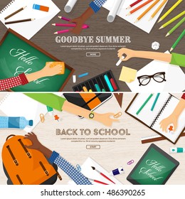 Back to school. Vector illustration. Flat style. Distance education and learning. Online courses and web school. Knowledge and information. Study process. E-learning.Hands.