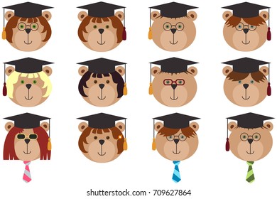 Back to school vector illustration in flat style. Set of Teddy bears in pupil disguise, graduation cap, glasses and scarf. Kid style greeting card vector background for avatar. Bear cub