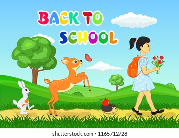 Back to school vector illustration with girl going to school with hedgehog, rabbit and fawn which playing with butterfly.  