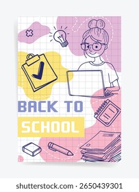 Back To School Vector Illustration with Girl and School Supplies.