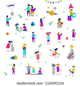 De vuelta a la escuela - ilustración vectorial. Grupo de niños activos. Conjunto de caracteres de personas aisladas. Los niños realizan diferentes actividades como la pintura, el estudio, el deporte, el sueño diurno, la lectura y