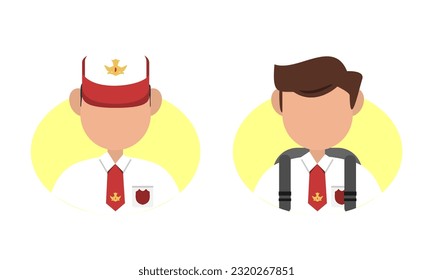Back to School vector illustration of half body face of student one of them wearing hatand both wearing tie white uniform in round shape. Can be used for personal student photo or school information.