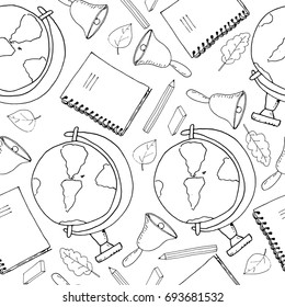Back to school vector illustration. Hand drawn doodle cute school supplies icons seamless pattern. Backpack, ruler, pen, pencil, globe and more.