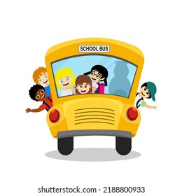 Back to school vector illustration, happy six student children on yellow school bus go to school on white background, group of multi ethnic friends funny together, diversity kid education.