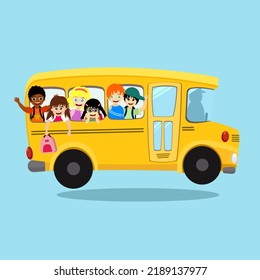 Back to school vector illustration, happy six student children on yellow school bus go to school on blue background, group of multi ethnic friends funny together, harmony diversity kid education.