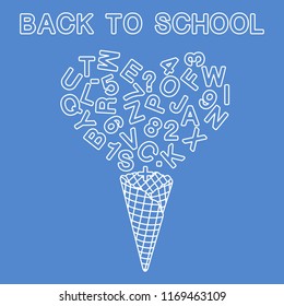 Back to school. Vector illustration with ice cream cone, letters, numbers.