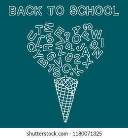 Back to school. Vector illustration with ice cream cone, letters, numbers.