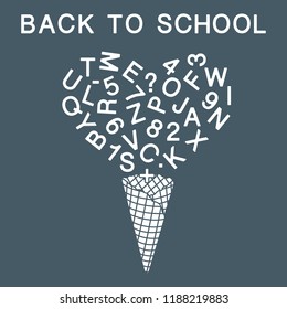 Back to school. Vector illustration with ice cream cone, letters, numbers.