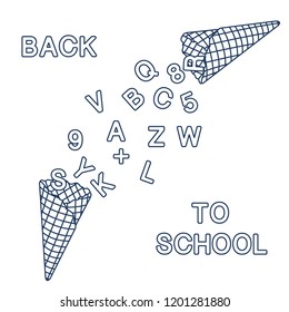 Back to school. Vector illustration with ice cream cones, letters, numbers.