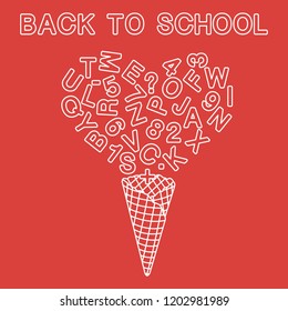Back to school. Vector illustration with ice cream cone, letters, numbers.
