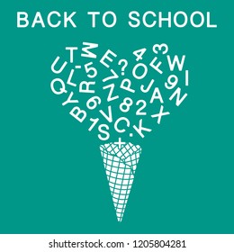 Back to school. Vector illustration with ice cream cone, letters, numbers.
