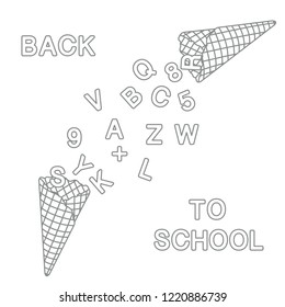 Back to school. Vector illustration with ice cream cones, letters, numbers.
