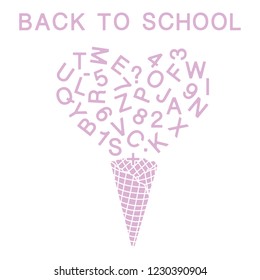 Back to school. Vector illustration with ice cream cone, letters, numbers.