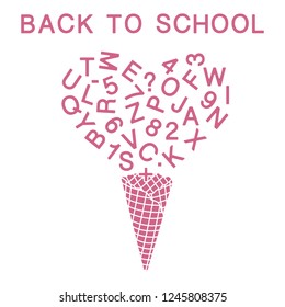Back to school. Vector illustration with ice cream cone, letters, numbers.