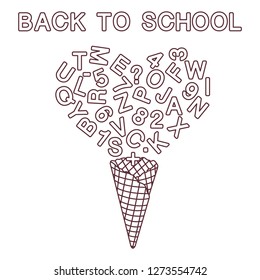 Back to school. Vector illustration with ice cream cone, letters, numbers.