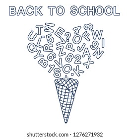 Back to school. Vector illustration with ice cream cone, letters, numbers.