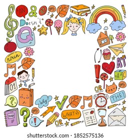 Back to school. Vector illustration with icons about education. English learning. Online internet courses.
