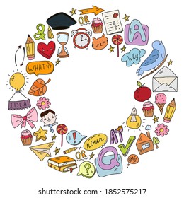 Back to school. Vector illustration with icons about education. English learning. Online internet courses.
