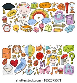 Back to school. Vector illustration with icons about education. English learning. Online internet courses.