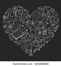 De vuelta a la escuela. Ilustración vectorial con íconos sobre educación. Aprendizaje en inglés. Cursos de Internet en línea.