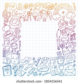 Back to school. Vector illustration with icons about education. English learning. Online internet courses.
