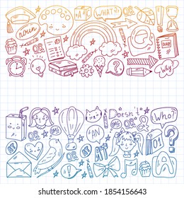 Back to school. Vector illustration with icons about education. English learning. Online internet courses.