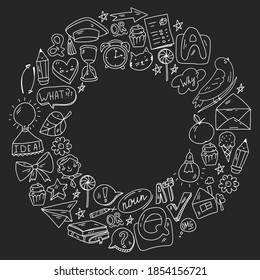 Back to school. Vector illustration with icons about education. English learning. Online internet courses.