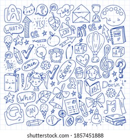 Back to school. Vector illustration with icons about education. English learning. Online internet courses.