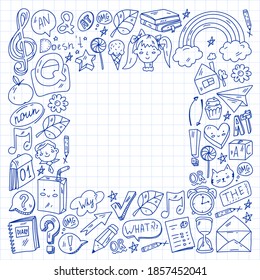 Back to school. Vector illustration with icons about education. English learning. Online internet courses.