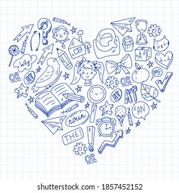 Back to school. Vector illustration with icons about education. English learning. Online internet courses.