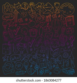 Back to school. Vector illustration with icons about education. English learning. Online internet courses.