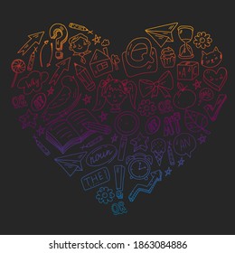 Back to school. Vector illustration with icons about education. English learning. Online internet courses.