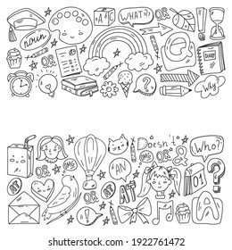 Back to school. Vector illustration with icons about education. English learning. Online internet courses.