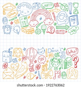 Back to school. Vector illustration with icons about education. English learning. Online internet courses.