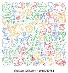 Back to school. Vector illustration with icons about education. English learning. Online internet courses.