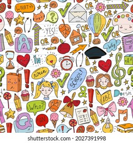 Back to school. Vector illustration with icons about education. English learning. Online internet courses.