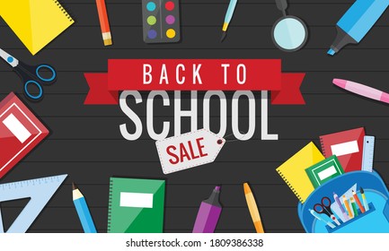 Back to school, vector illustration with school items and elements and sale text for shopping discount promotion.