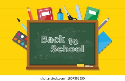 Back to school, vector illustration with school items and elements.