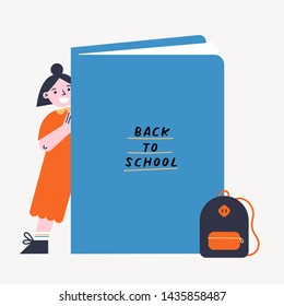 Back to school vector illustration with kid and book. Girl standing behind the big book. Flat design colorful illustration.