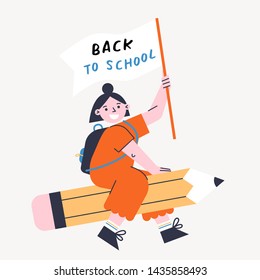 Back to school vector illustration with kid and pencil. Girl holding flag and flying on the pen. Flat design colorful illustration.