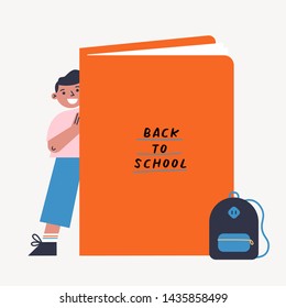 Back to school vector illustration with kid and book. Boy standing behind the big book. Flat design colorful illustration.