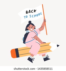 Back to school vector illustration with kid and pencil. Girl holding flag and flying on the pen. Flat design colorful illustration.