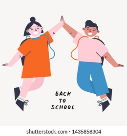 Back to school vector illustration with kids giving high five. Flat design colorful illustration.