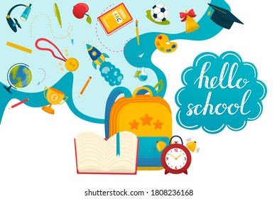 De vuelta a la escuela, ilustración vectorial. Cartas para saludar la tarjeta de educación de aprendizaje. Cuaderno de dibujos animados, pluma, regla de fondo de mochila. Equipo para el diseño del gabinete de primaria.