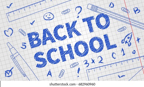 Back to school vector illustration. Line art banner Back to school with different elements (pencil, pen, ruler, staple) and exercise book background. Graphic design template.
