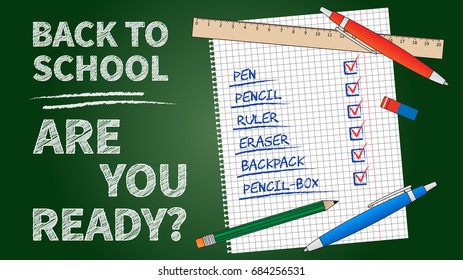 Back to school vector illustration. Line art banner with list of stationery elements (pencil, pen, ruler, staple). Dark green chalk board template graphic design.

