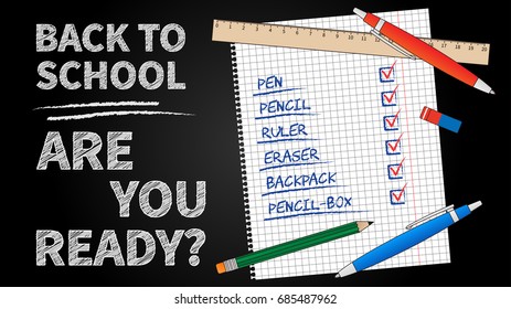 Back to school vector illustration. Line art banner Back to school with list of stationery elements (pencil, pen, ruler, staple). Black chalk board template graphic design.
