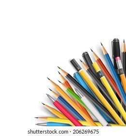 Back to school vector illustration. Mass pencils and pens compostion with space for your text