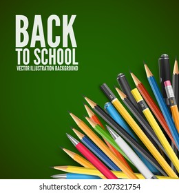 Back to school vector illustration. Mass pencils and pens composition with space for your text