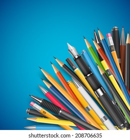 Back to school vector illustration. Mass pencils and pens composition with space for your text